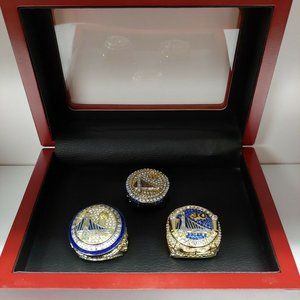3pcs Golden State Warriors Basketball Championship Ring Wooden Box Curry Set New